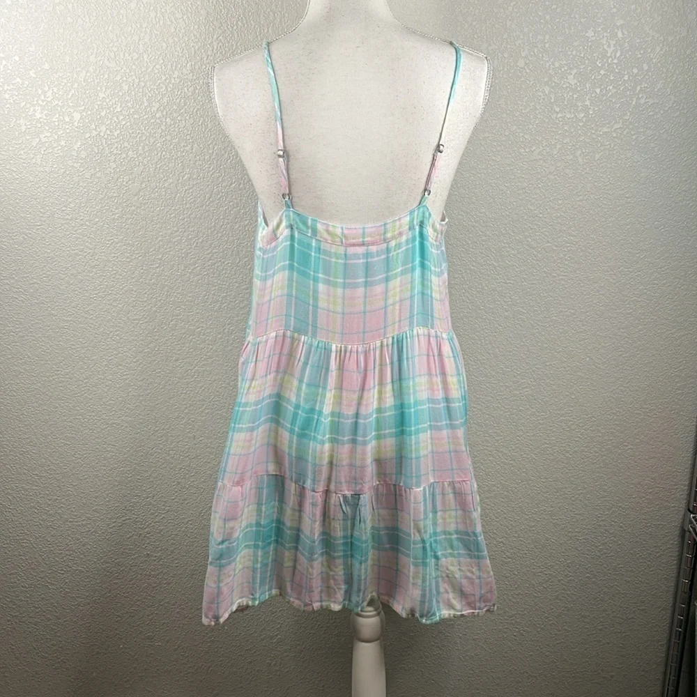 Abound Pastel Plaid Summer V-Neck Spaghetti Strap Babydoll Dress Size Medium New